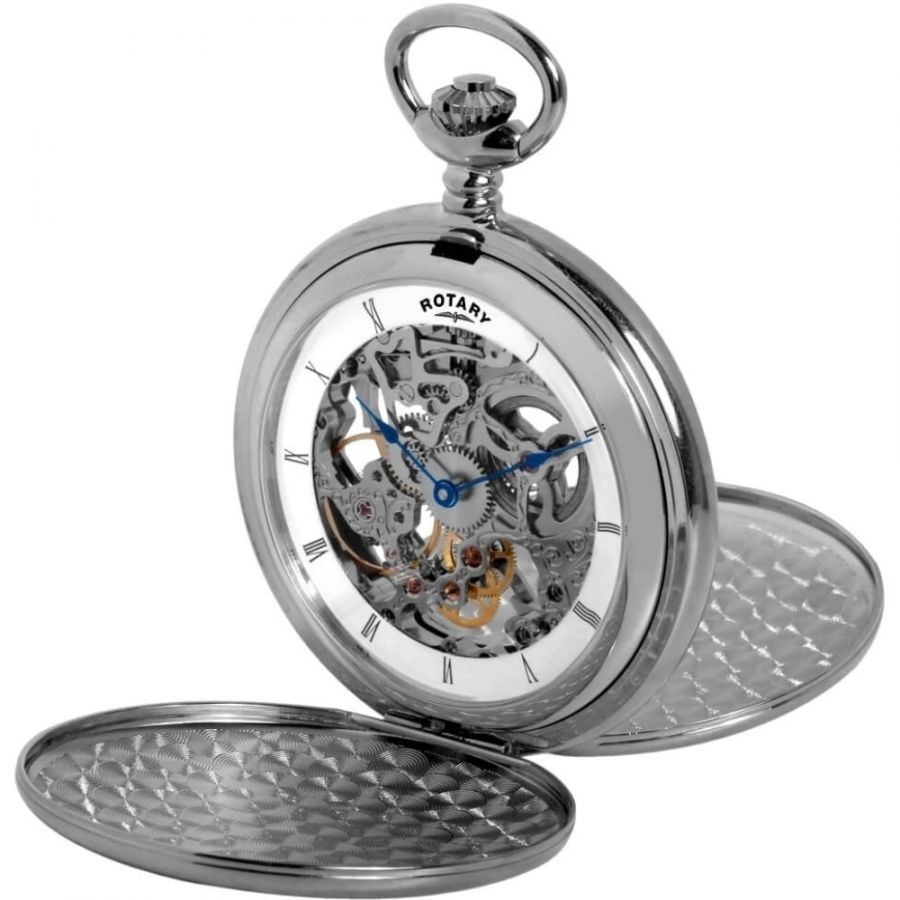 Chrome Double Hunter Mechanical Skeleton Pocket Watch