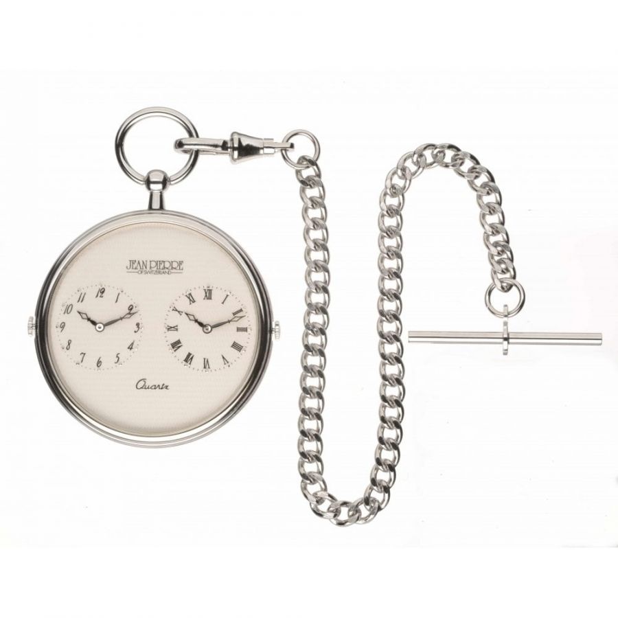 Chrome Plated Dual Time Slim Quartz Pocket Watch