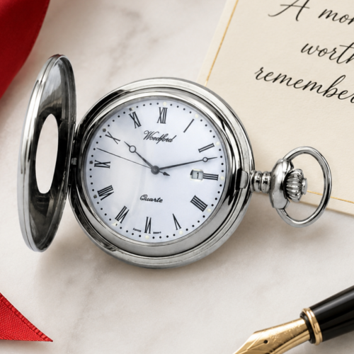 Chrome Plated Swiss Quartz Half Hunter Pocket Watch