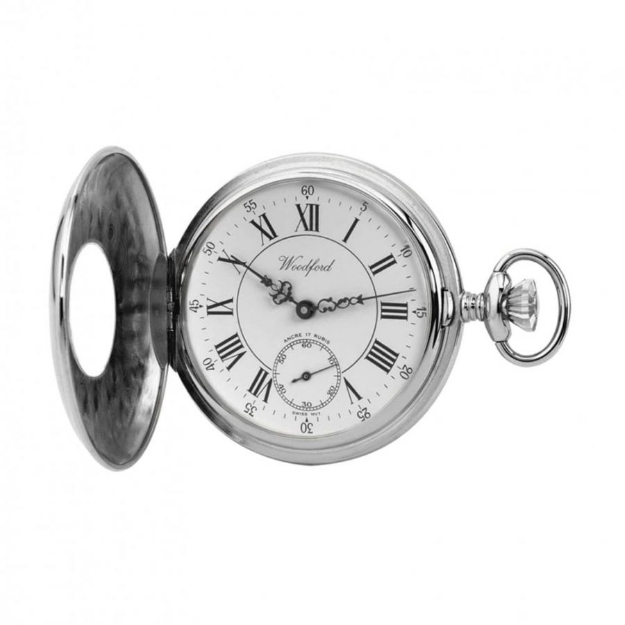 Chrome Plated White Face Mechanical Half Hunter Pocket Watch