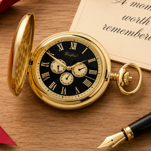 Gold Plated Half Hunter Pocket Watch with Day/Date Display