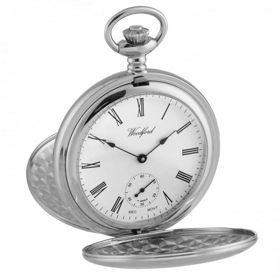 Chrome Mechanical Full Dial Double Hunter Skeleton Back Pocket Watch