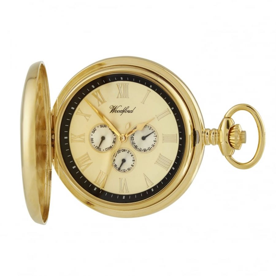 Gold Plated Full Hunter Pocket Watch with Day/Date Display