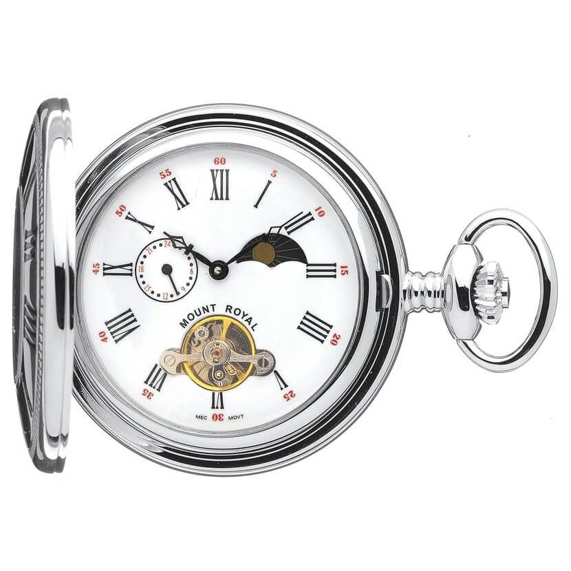 Chrome Plated Mechanical Half Hunter Pocket Watch with White Face