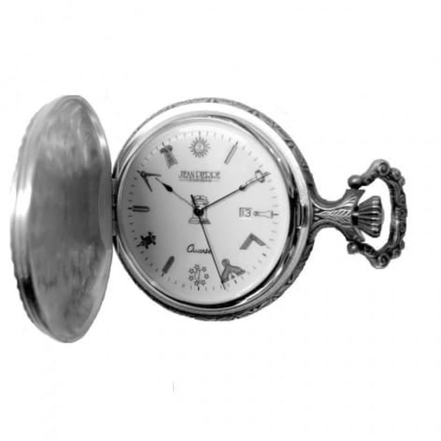 Full Hunter Silver Plated Masonic Quartz Pocket Watch With T-Bar Chain