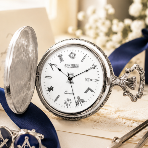 Full Hunter Silver Plated Masonic Quartz Pocket Watch With T-Bar Chain