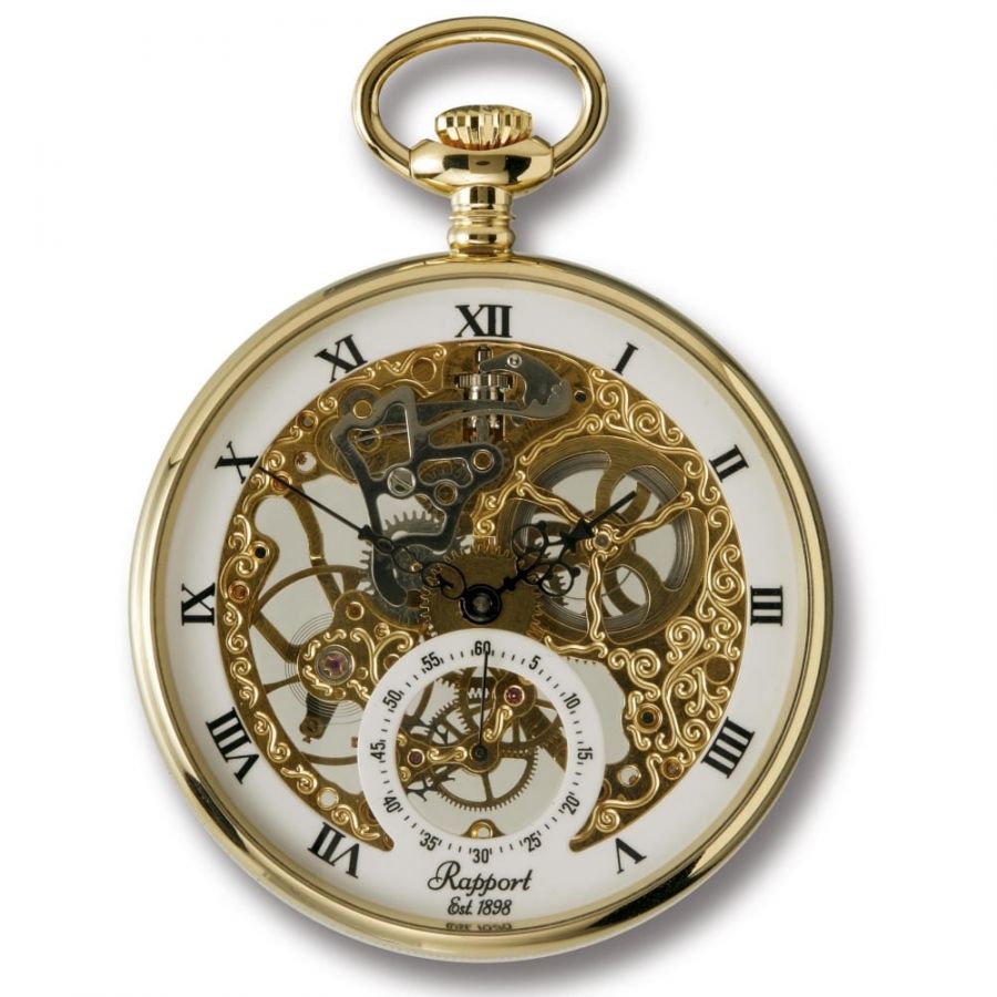 Gold Plated 17 Jewel Mechanical Open Face Grand Skeleton Pocket Watch