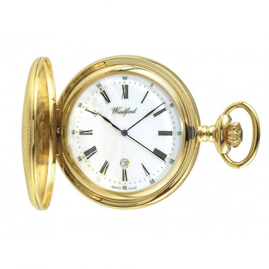 Half Hunter Gold Plated Mechanical Date Display Pocket Watch