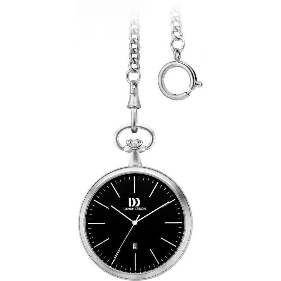 Black Open Face Brushed Chrome Pocket Watch with Chain