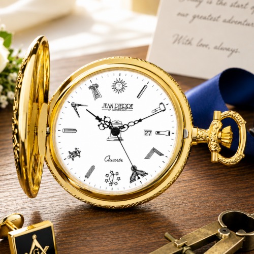 Gold Masonic Half Hunter Pocket Watch Quartz