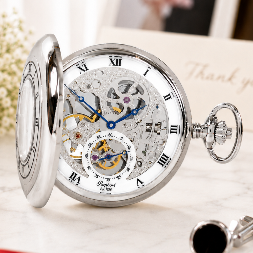 Chrome Double Half Hunter Skeleton Pocket Watch