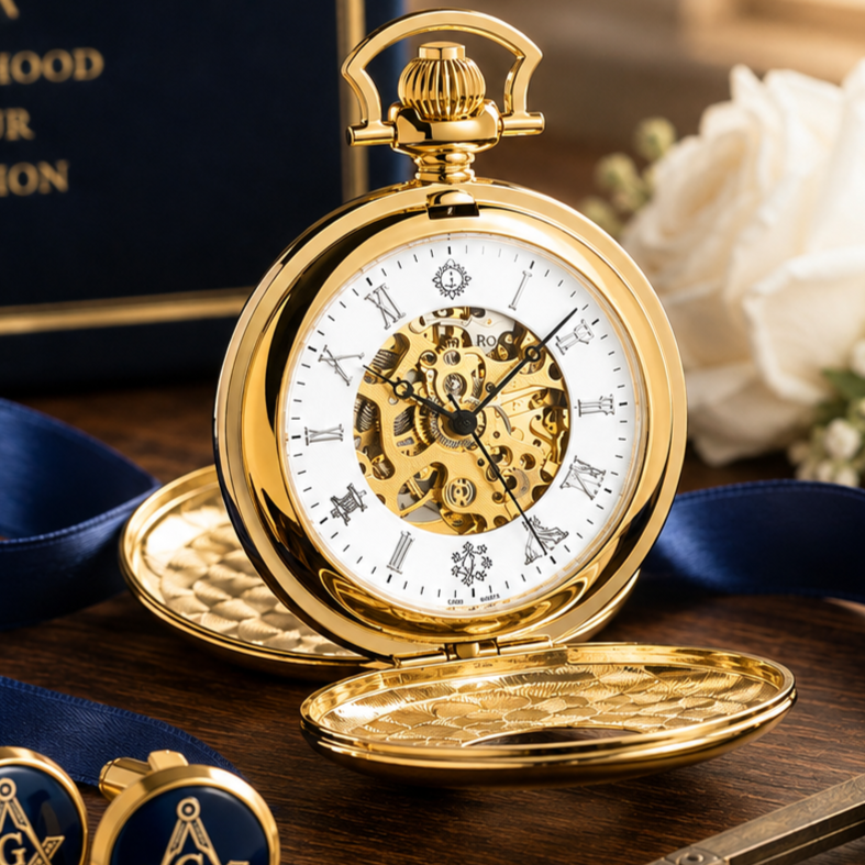 Gold Plated Mechanical Double Half Hunter Masonic Pocket Watch