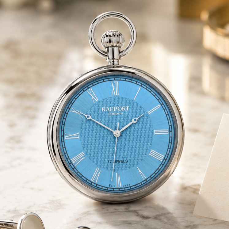 Mechanical Ice Blue Open Face Silver Pocket Watch
