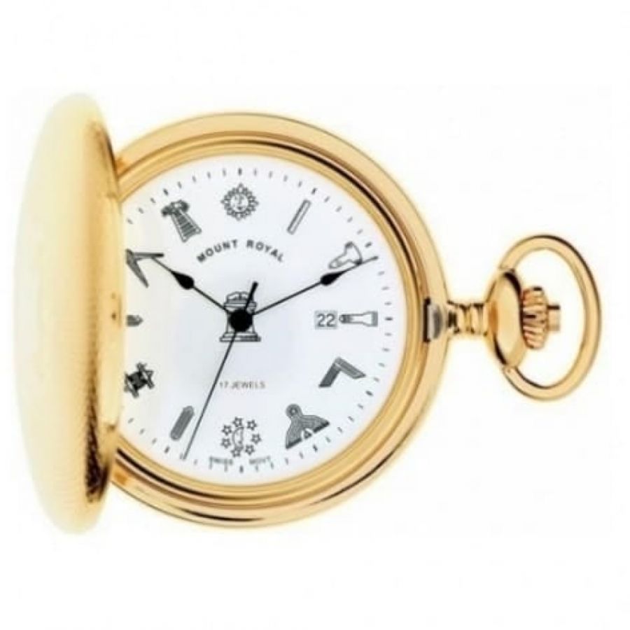 Gold Plated Masonic Mechanical Engine Turned Full Hunter Pocket Watch