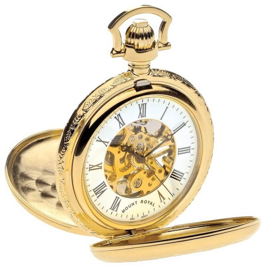 Gold Plated Mechanical Double Half Hunter Pocket Watch