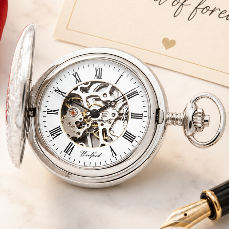 Chrome Plated Skeletal Mechanical Half Hunter Pocket Watch