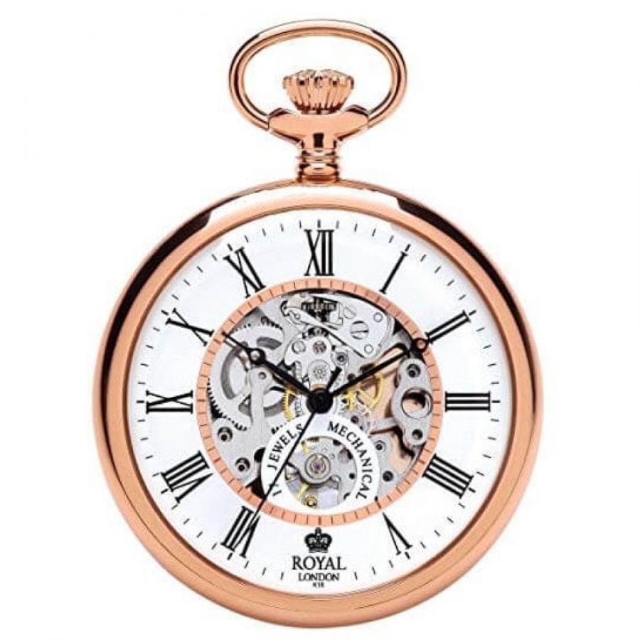 Open Face Skeleton Rose Gold Pocket Watch