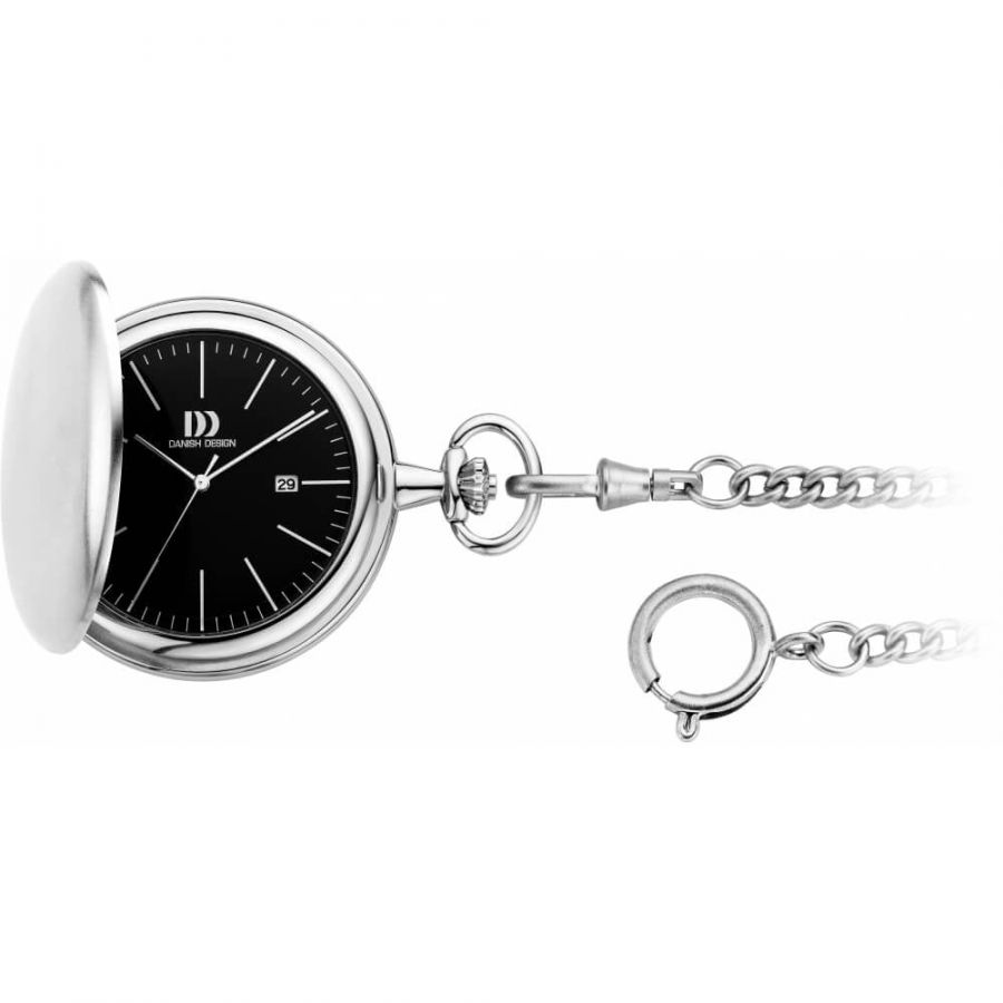 Black Face Full Hunter Brushed Chrome Pocket Watch with Chain