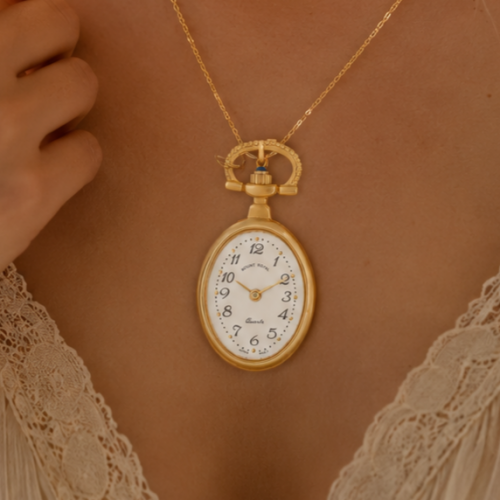 Gold Plated Open Face Quartz Pendant Watch