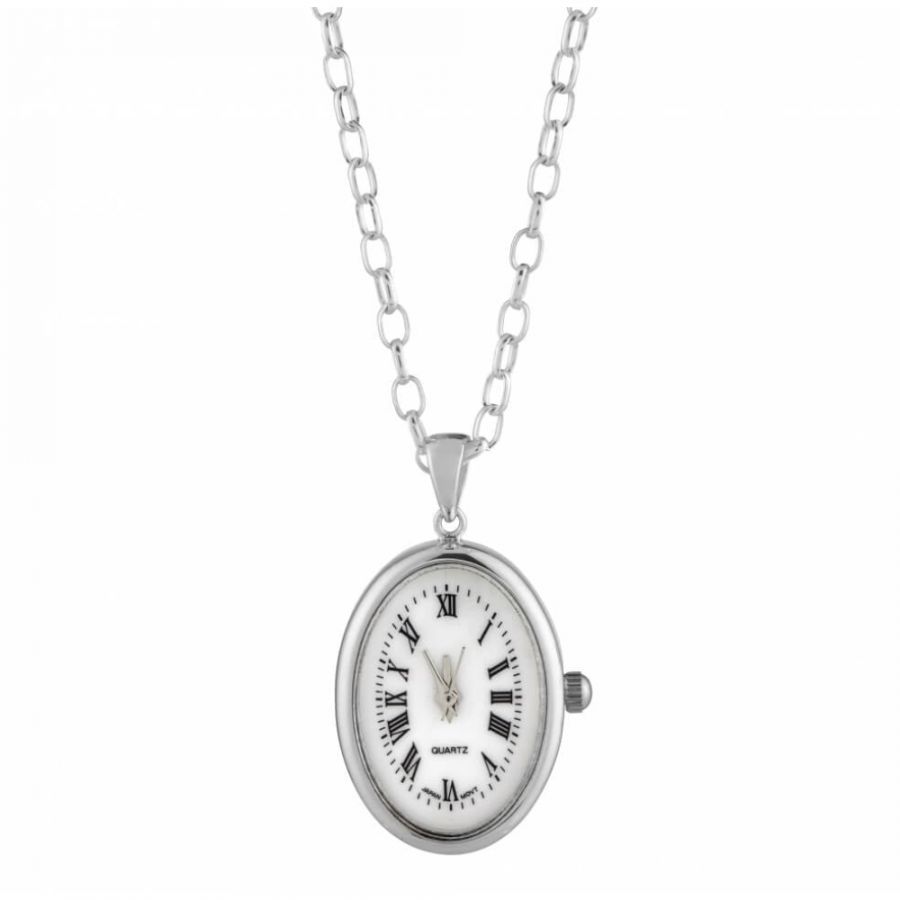 Chrome Oval Quartz Pendant Necklace Watch