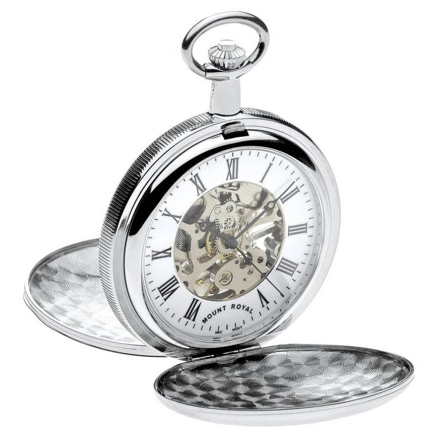 Chrome Plated Skeleton Mechanical Double Hunter Pocket Watch