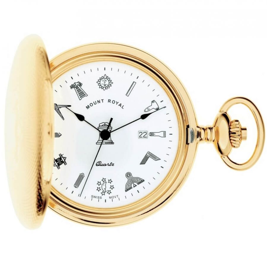 Gold Plated Masonic Engine Turned Quartz Full Hunter Pocket Watch