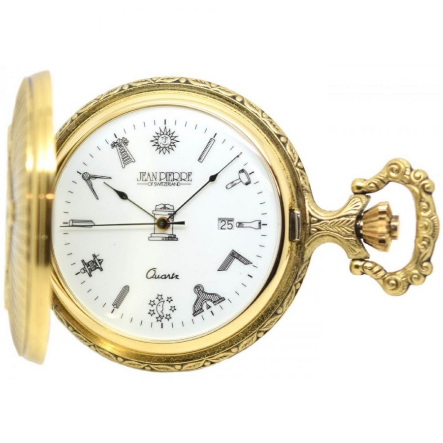 Full Hunter Gold Plated  Masonic Quartz Pocket Watch