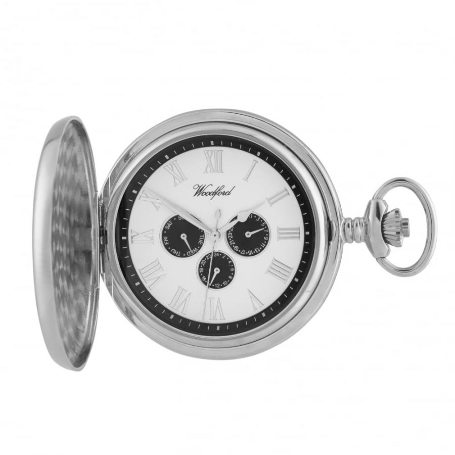 Chrome Full Hunter Pocket Watch with Day/Date Display