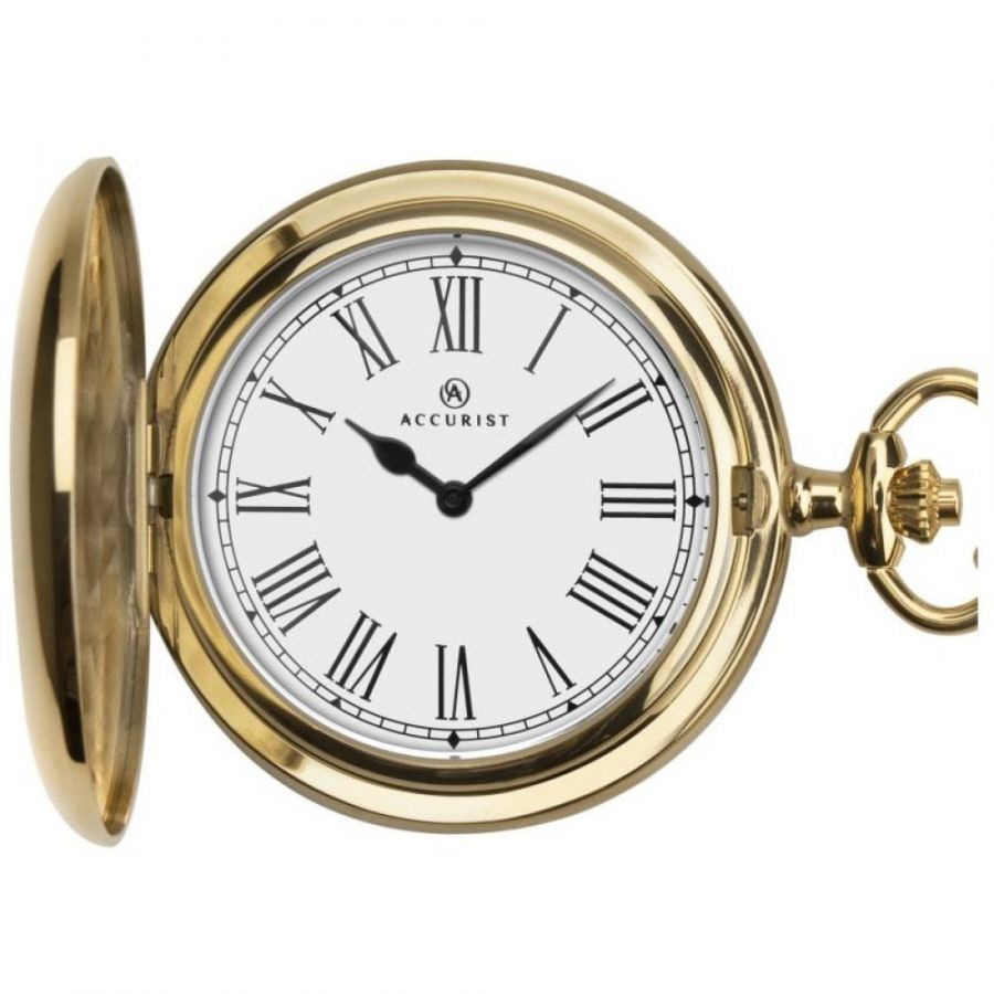 Gold Plated Quartz Full Hunter Pocket Watch With Roman Numerals & Snakeskin Belt Bar Chain