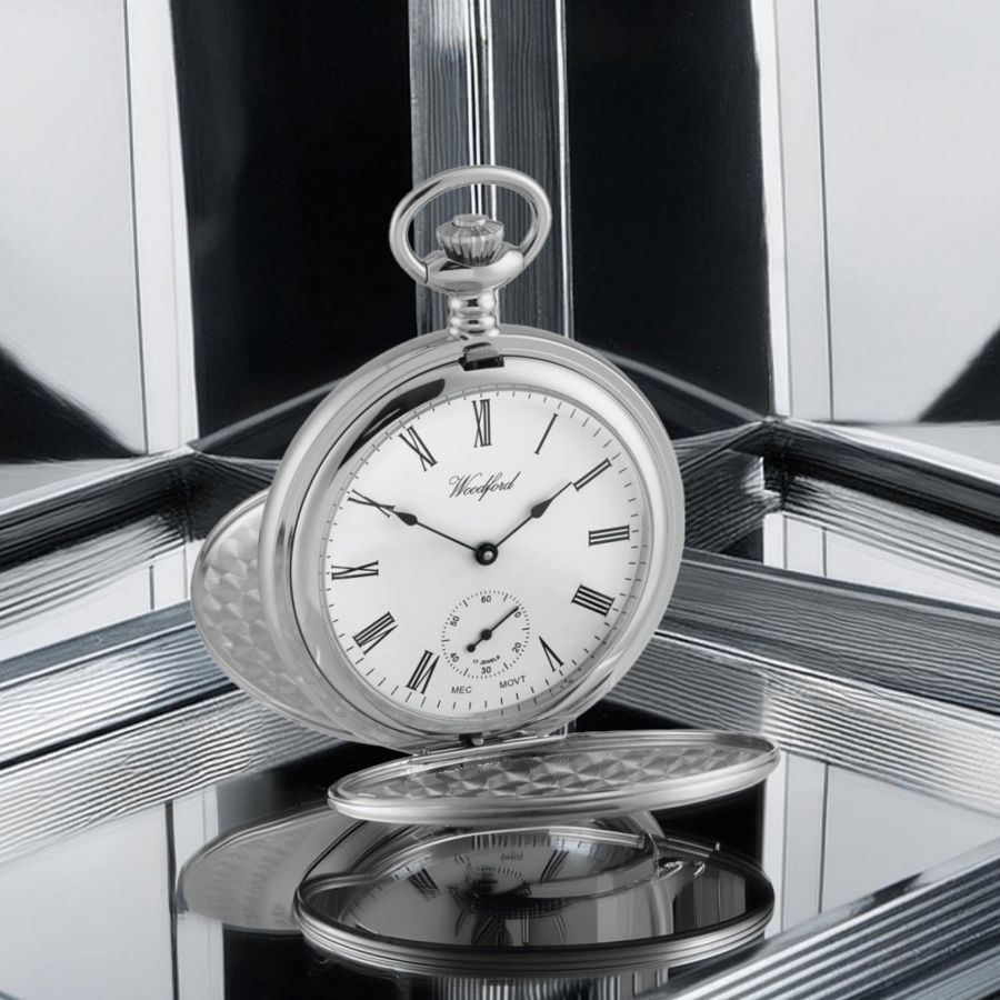 Chrome Mechanical Full Dial Double Hunter Skeleton Back Pocket Watch