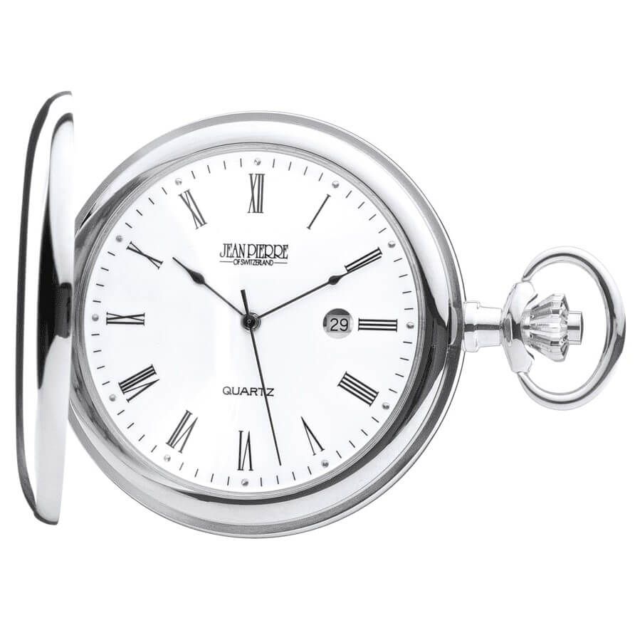 Full Hunter Chrome Plated Quartz Pocket Watch With T Bar Chain