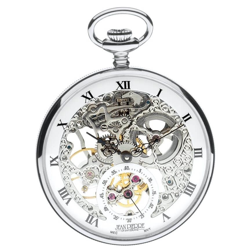 Chrome Plated Open Face 17 Jewel Skeleton Pocket Watch