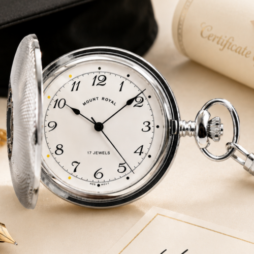 Chrome Plated Engine Turned Full Hunter Mechanical Pocket Watch