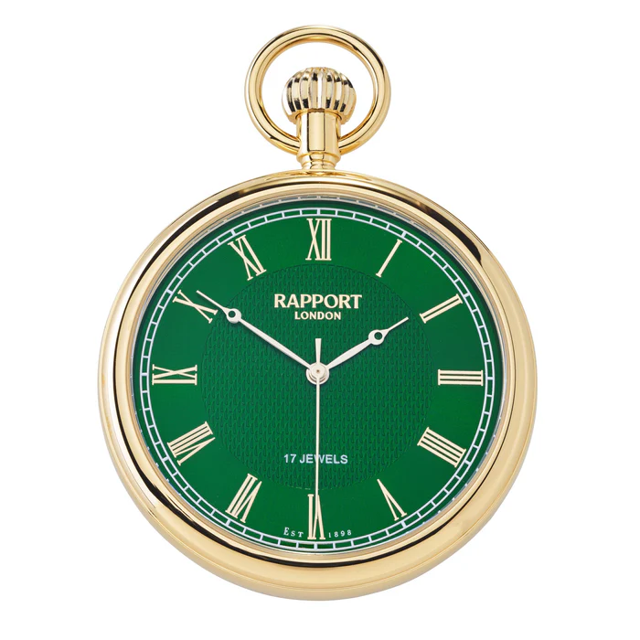 Mechanical Emerald Open Face Gold Plated Pocket Watch