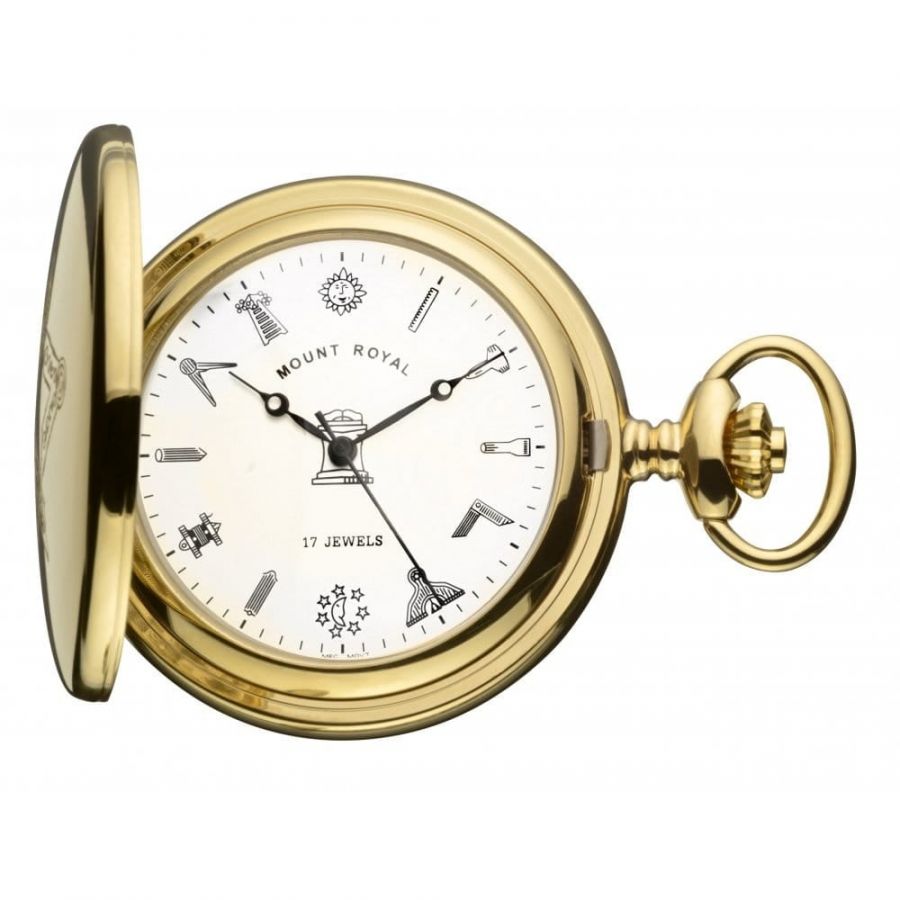 Gold Tone Full Hunter 17 Jewel Mechanical Pocket Watch With Masonic Dial