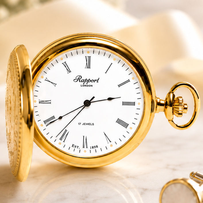 Gold Plated Mechanical Hunter Pocket Watch with Skeleton Back