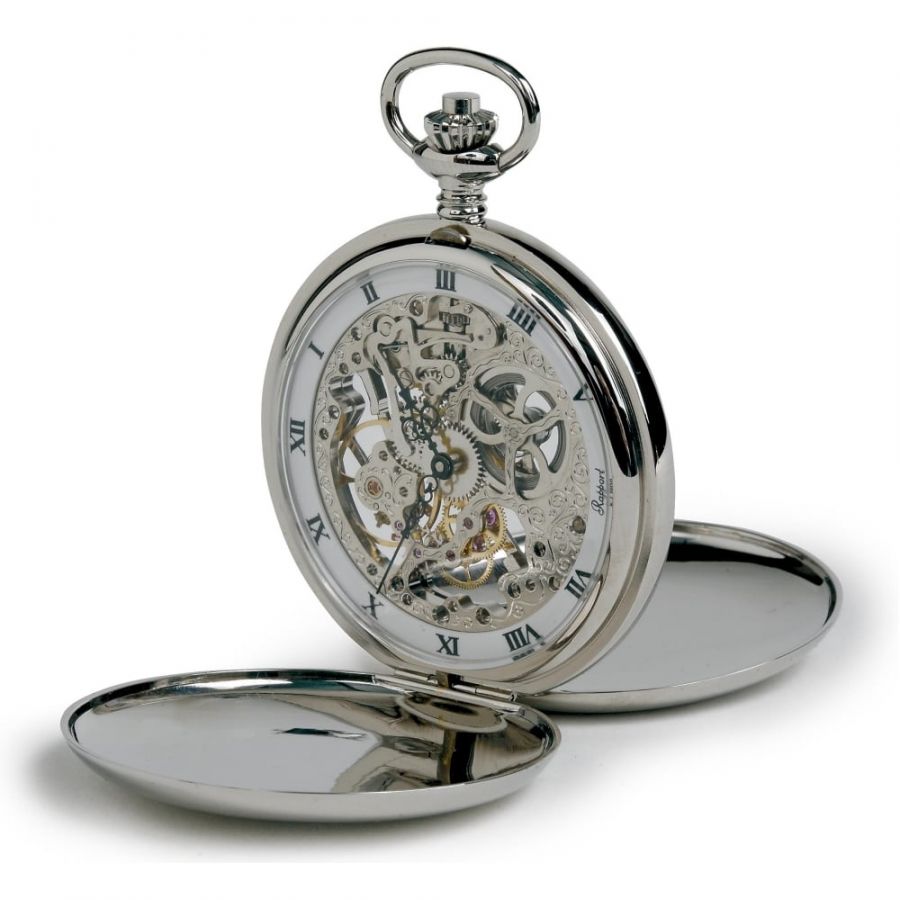 Chrome Plated Mechanical Skeleton Double Hunter Polished Pocket Watch