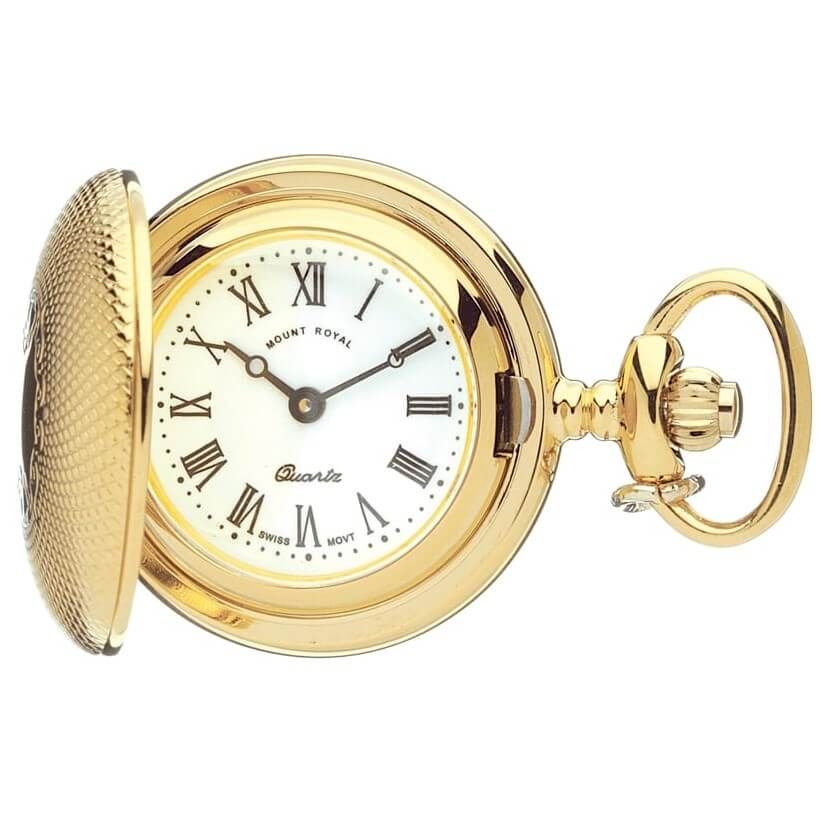 Gold Plated Shield Design Full Hunter Quartz Pendant Necklace Watch