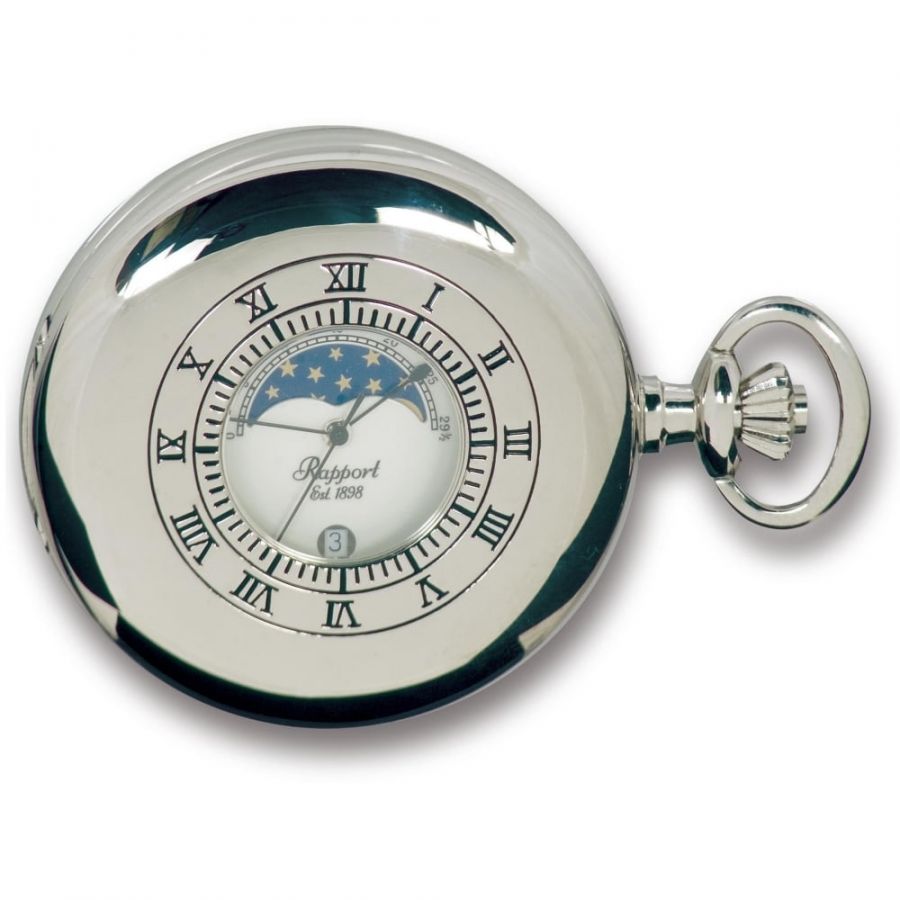 Silver Tone Polished Moon Phase Half Hunter Quartz Pocket Watch