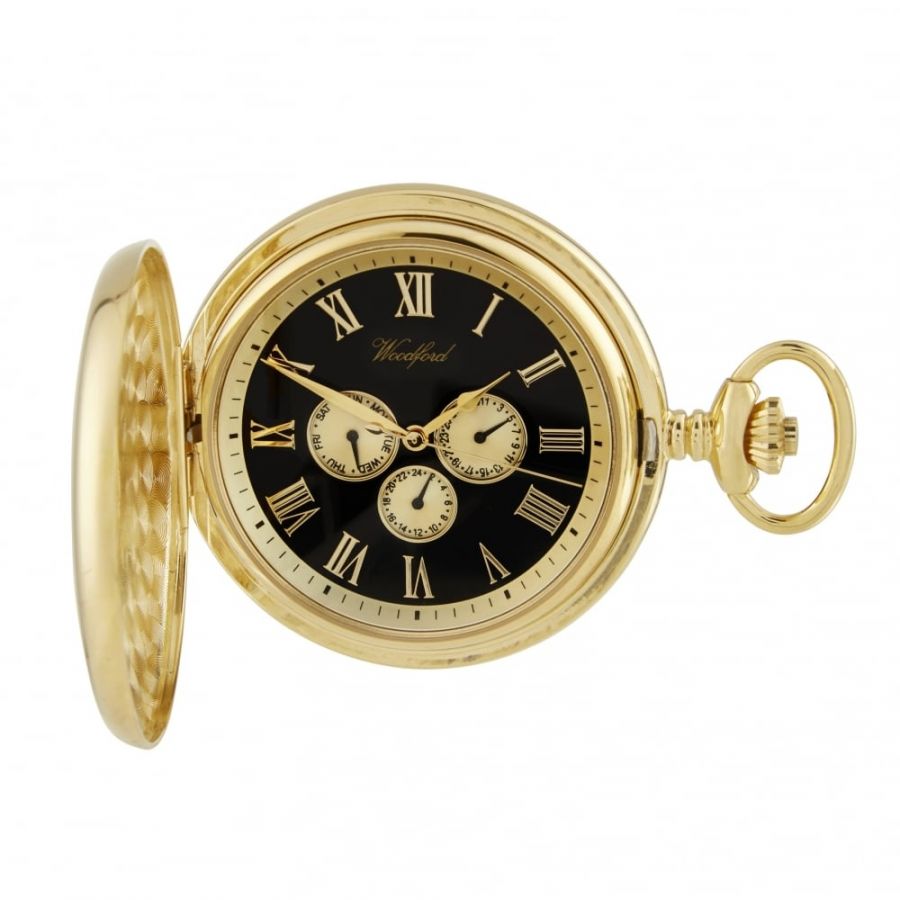 Gold Plated Half Hunter Pocket Watch with Day/Date Display