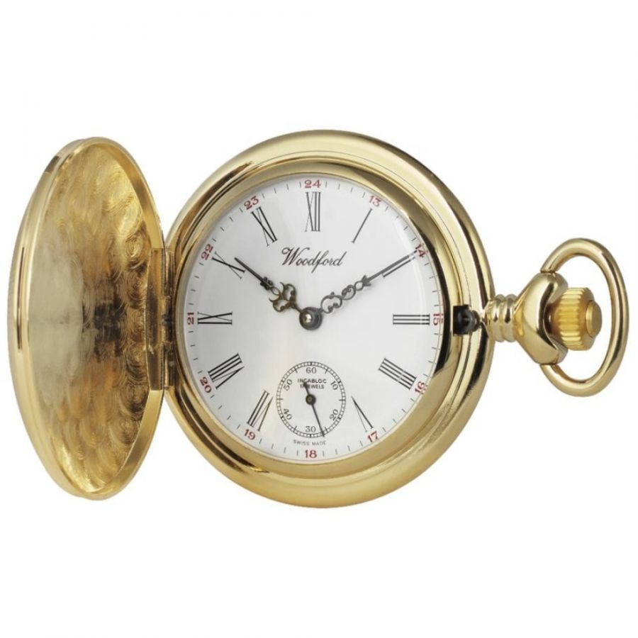 Gold Plated Engine Turned Mechanical Full Hunter Pocket Watch