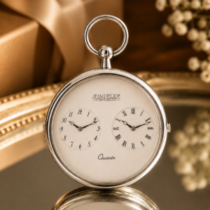 Chrome Plated Dual Time Slim Quartz Pocket Watch