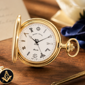 Gold Plated Masonic Engine Turned Quartz Full Hunter Pocket Watch