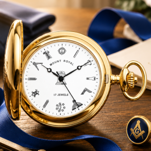 Gold Tone Full Hunter 17 Jewel Mechanical Pocket Watch With Masonic Dial
