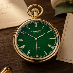 Mechanical Emerald Open Face Gold Plated Pocket Watch