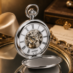 Chrome Plated Mechanical Double Hunter Pocket Watch With Heartbeat Window