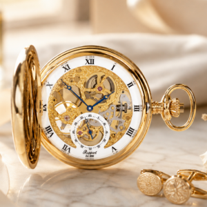 Gents Gold Plated Double Half Hunter Skeleton Pocket Watch