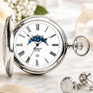 Silver Tone Polished Moon Phase Half Hunter Quartz Pocket Watch