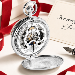 Double Hunter Chrome Plated Moon Dial Pocket Watch