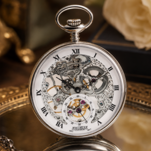 Chrome Plated Open Face 17 Jewel Skeleton Pocket Watch
